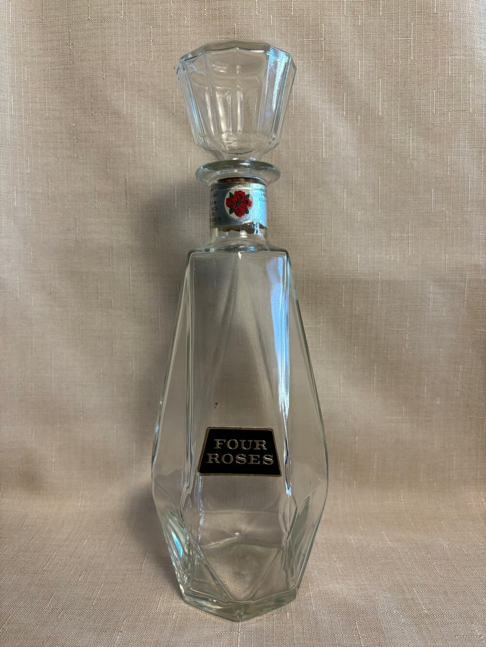 1960's MCM Four Roses Clear Glass Whiskey Decanter Bottle with Stopper from MI